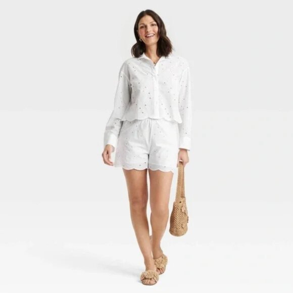 NWT A New Day Women’s Size Large White Eyelet Long Sleeve Button Down Shirt - Picture 2 of 14